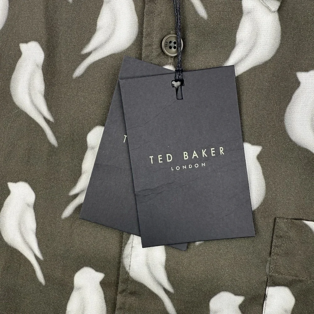 Ted Baker London Shirt Mens 7 3XL Green Bird Print AOP Button Up Long Sleeve NEW